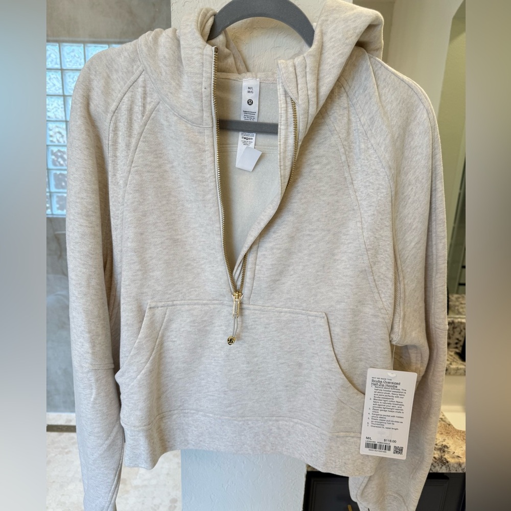 Lululemon Half Zip Scuba Hoodie NWT Heathered Bone with Gold M/L